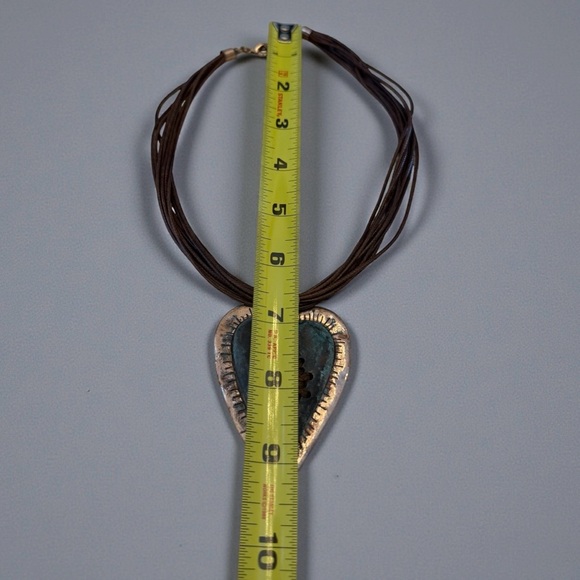 Vintage Handmade Artisan Boho Heart Pendant Necklace in Bronze and Teal - Picture 5 of 5